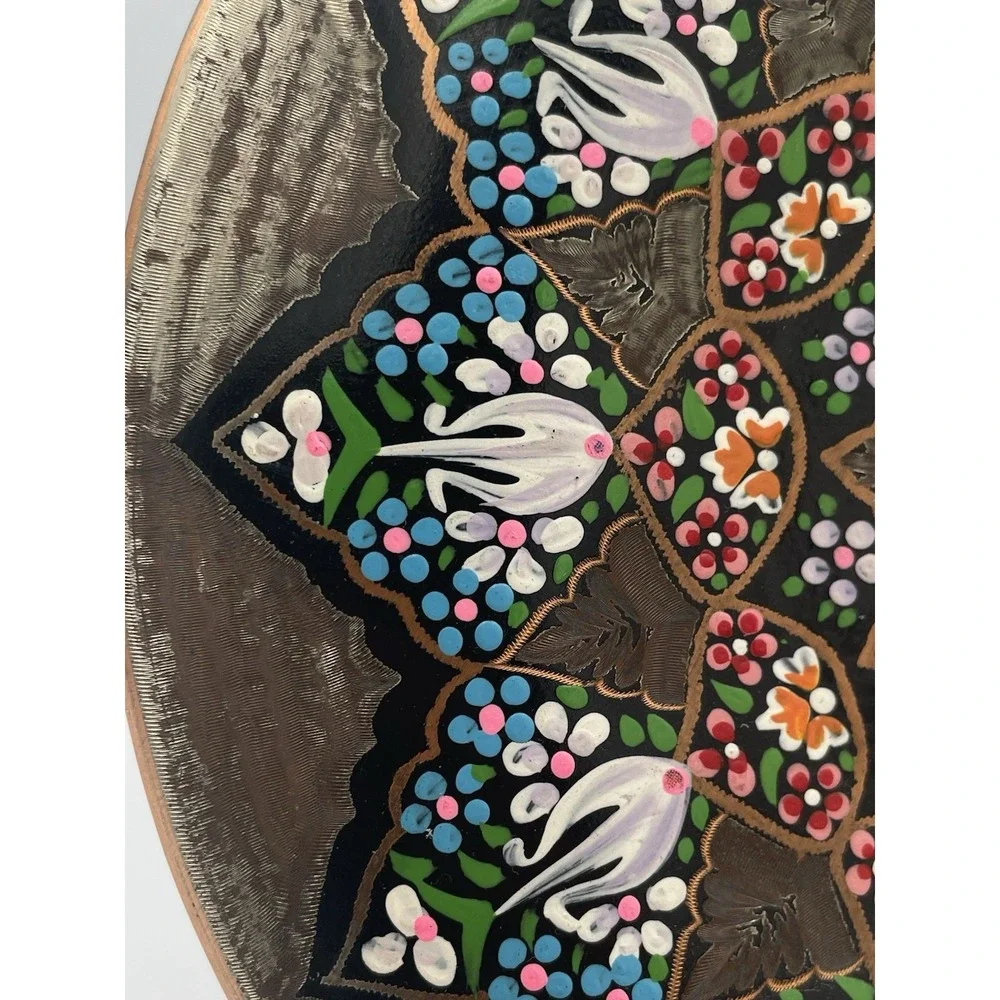 Vintage Turkish Etched Copper Wall Plate Hand-painted Enamel Hanging 7.5